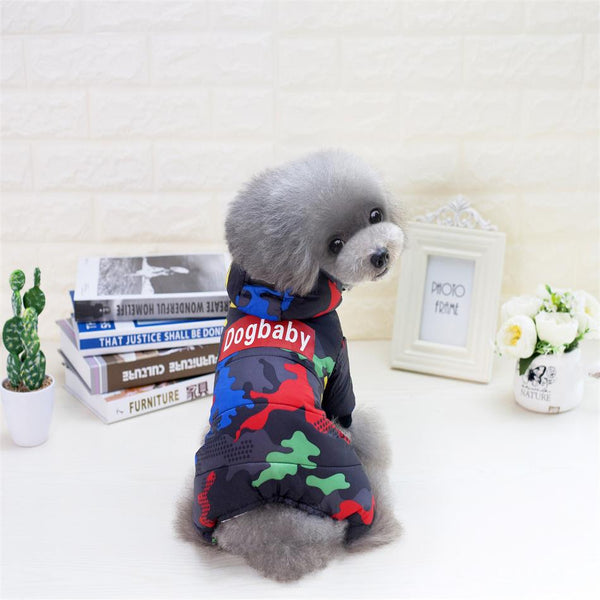 Windproof Dog Coat Pet Clothes Warm Winter 4 Legged Jumpsuit with Hoodie