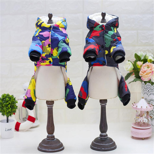 Windproof Dog Coat Pet Clothes Warm Winter 4 Legged Jumpsuit with Hoodie